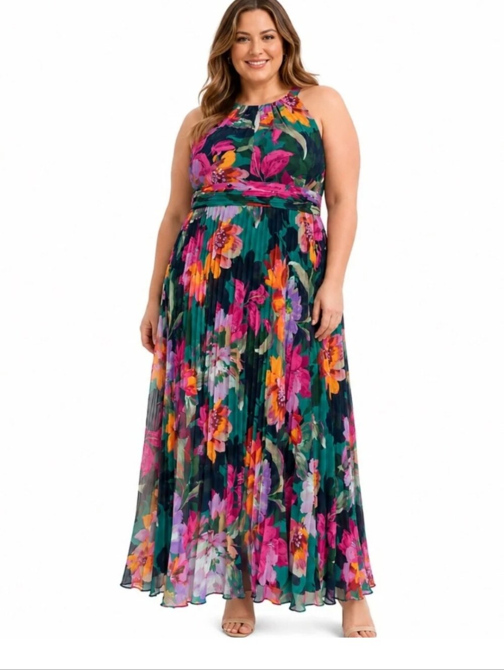 Xscape NWT $279 Plus Size 16W Floral Pleated Maxi Dress Wedding Guest Formal